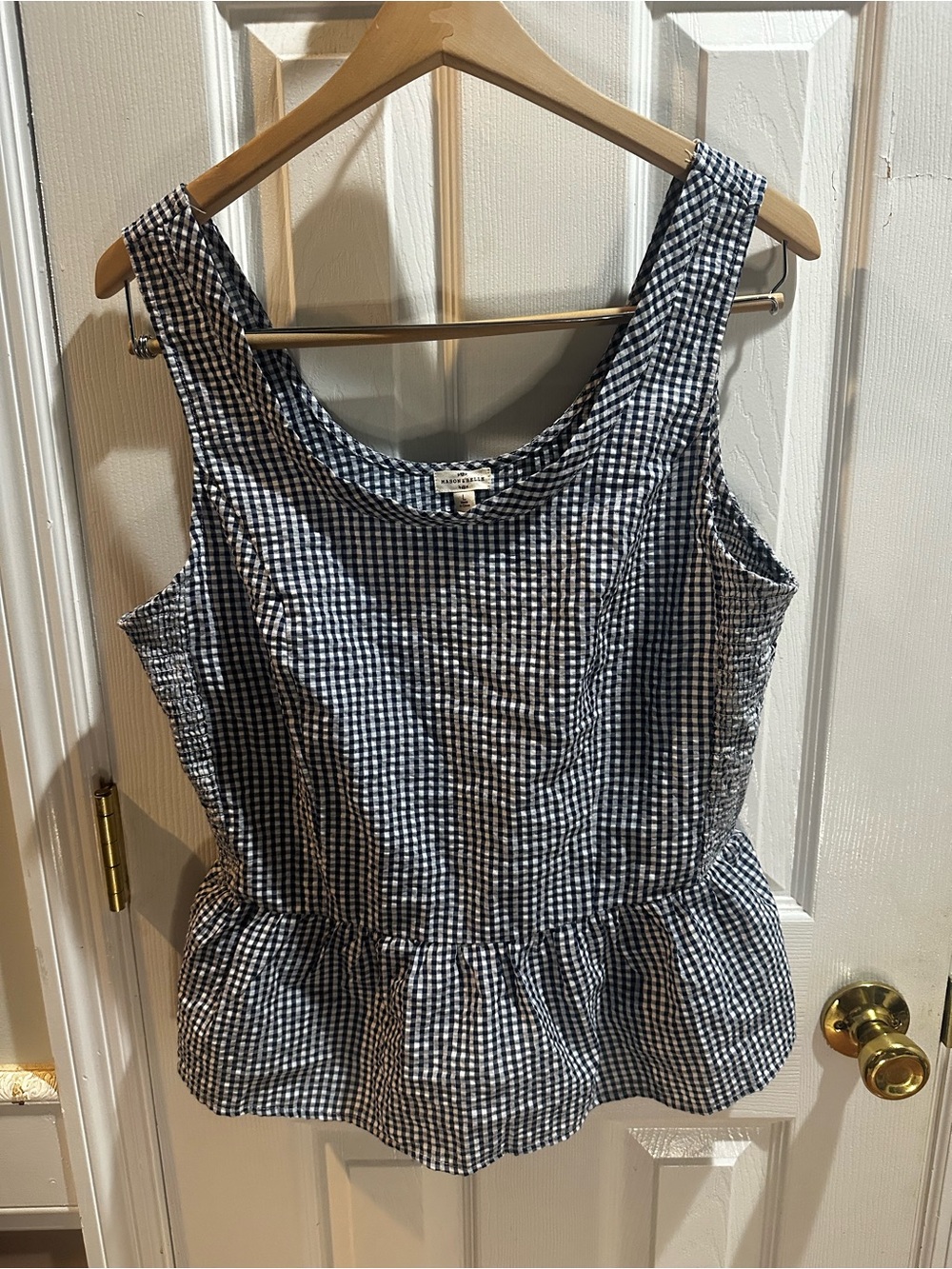 NWT Mason &‎ Belle Stitch Fix Seersucker Peplum Sleeveless Blouse Navy White L